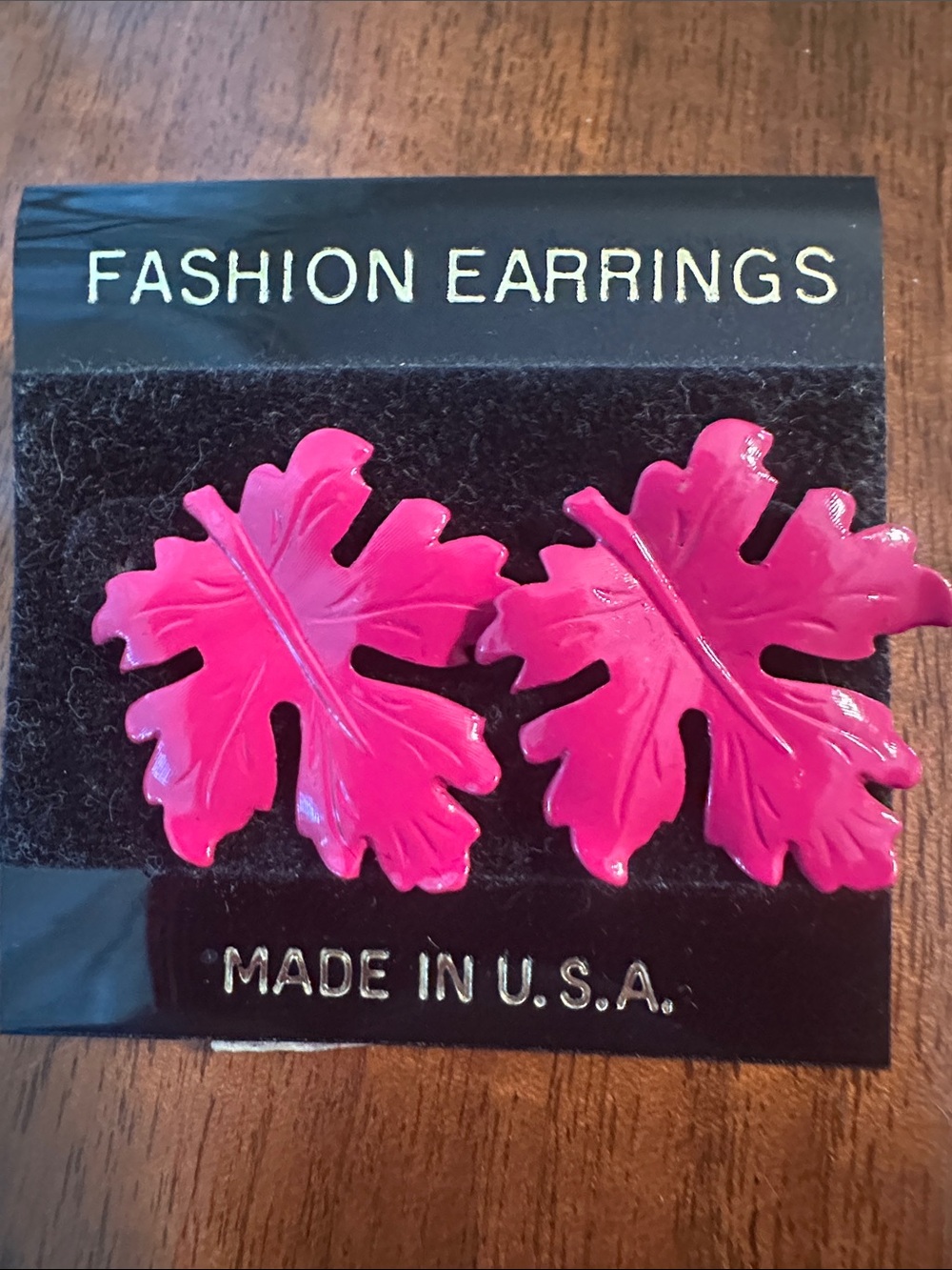 Vintage New on Card Pink Leaf Painted Metal Post Earrings
